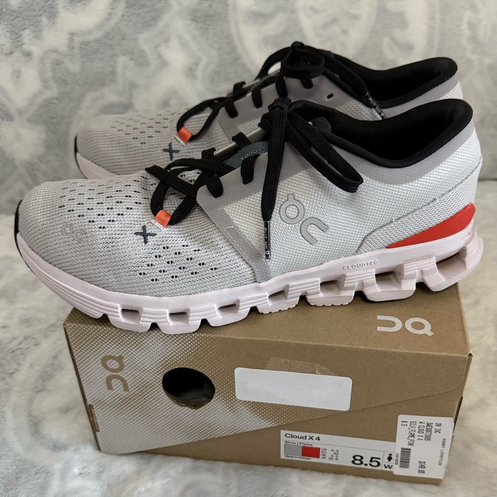 On Cloud: Women’s Cloud X 4 Shoes. Size: 8.5 Color: Silver, Flame, Black,& Pink
